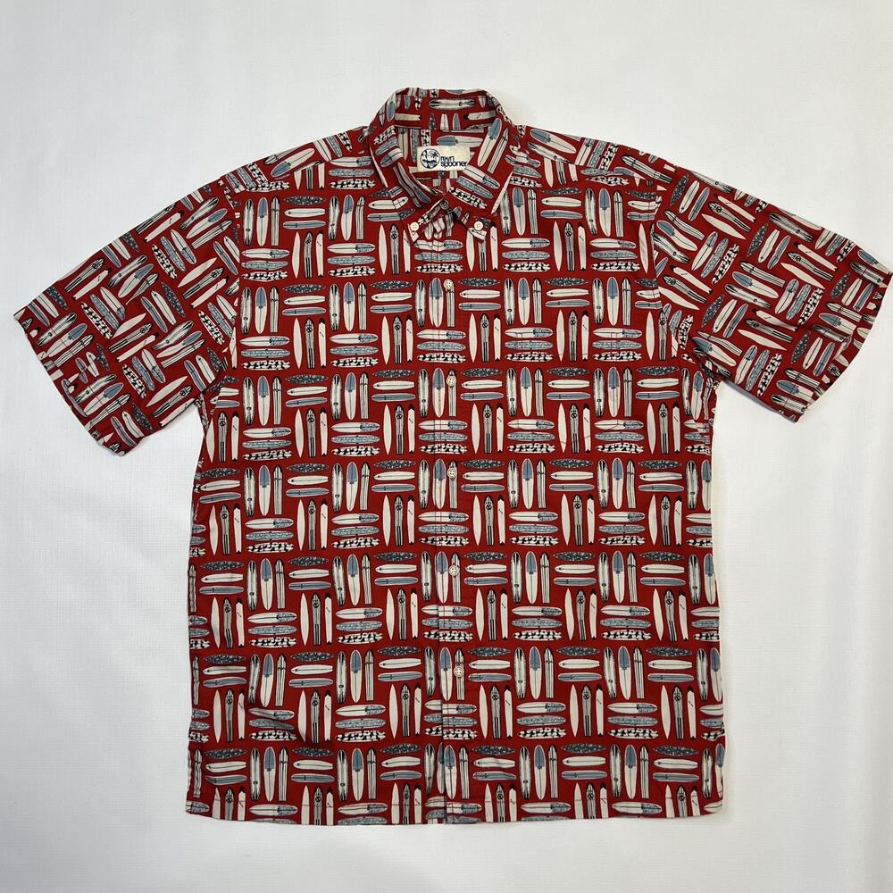 Reyn Spooner Shirt Mens Medium Red Surfboards Hawaiian Aloha Button Up Summer